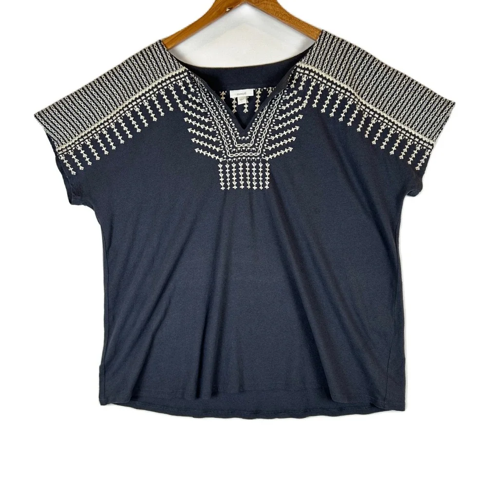 Pure Jill J Jill Embroidered V Neck Top Gray Linen Cotton Blend Women's L - Picture 1 of 12